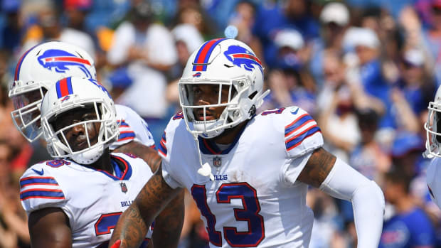 Bills receiver Gabriel Davis (13) celebrates touchdown against Green Bay Packers in preseason game.